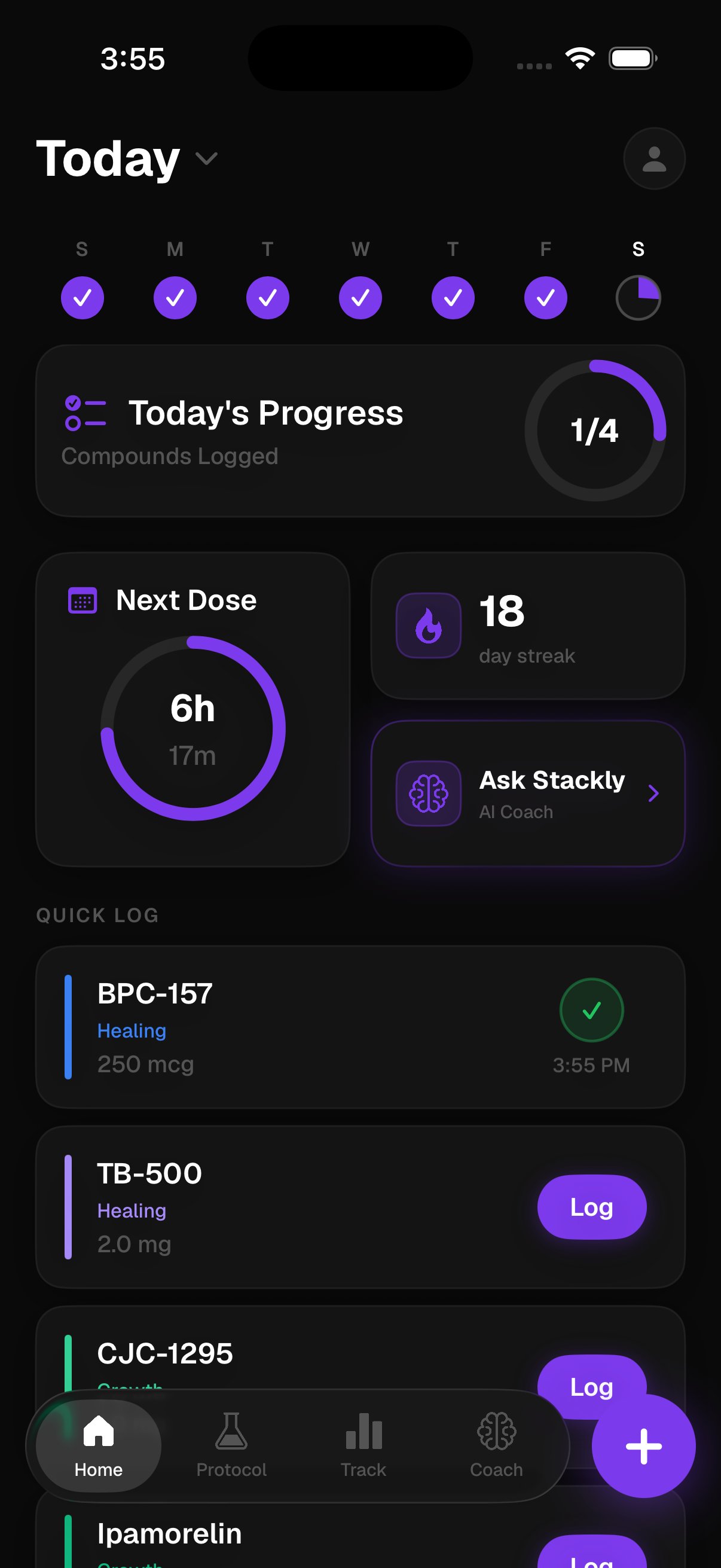 Stackly app — today's dose tracking view showing BPC-157, TB-500, CJC-1295 and Ipamorelin